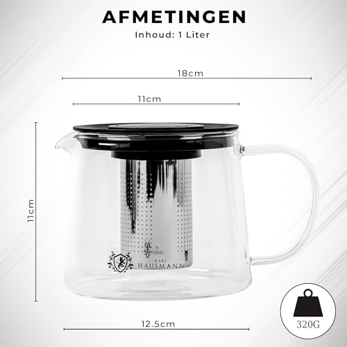 KARL HAUSMANN Glazen Theepot 1L met Infuser – Theepot voor Kookplaat (gas, keramisch, elektrisch) | Directe Infusie, Druppelvrij Schenken, Vaatwasserbestendig - Afbeelding 2
