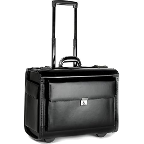 Tassia Black Bonded Leather Large Pilot Case - Wheeled Cabin Case Flight Bag Laptop Case with Twin Gun Metal Combination Lock Cover