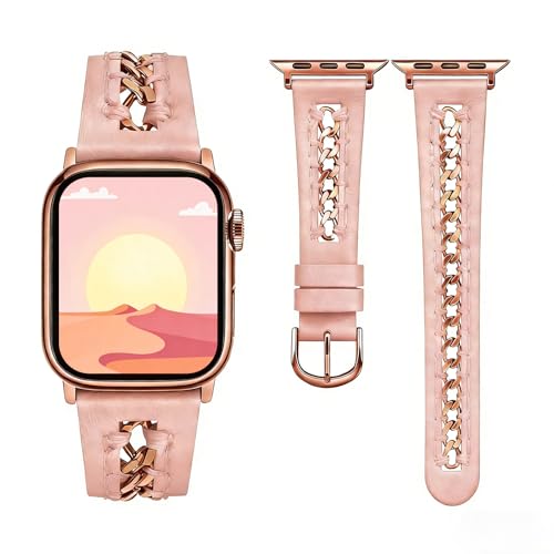 Image of HANDODO Italian Genuine Leather Band with gold chain details, Compatible with Apple Watch Series 11 10 9 8 7 6 5 4 3 2 1 SE SE2 Ultra 2 /3, SGS Certified Fashion Dressy Strap for women men