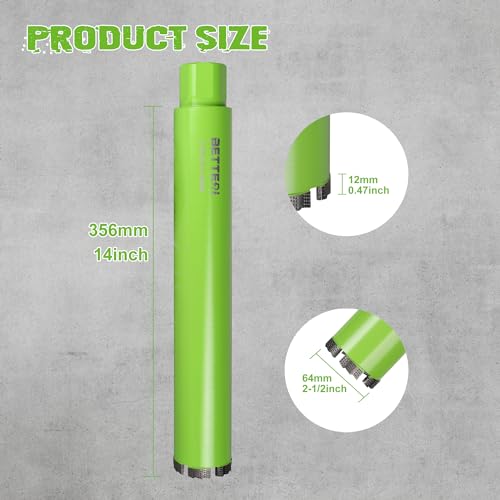 Betteri WET-2-1/2 INCH 65MM 2-1/2 Inch Concrete Core Drill Bit, 1-1/4"-7 Threaded Core Drill Bit, 14 Inch Drilling Depth Laser Welded Core Drill Bit For Reinforced Concrete Hard Brick Masonry thumb #2