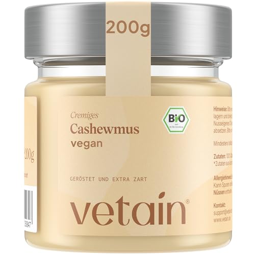 VETAIN Bio Cashewmus Cremig 200g - 100% Bio-Cashewkerne - Reich an Protein & Ballastoffen - Vegan - Ohne Zuckerzusatz & Palmöl - Perfekt als Topping für Müsli, Porridge oder als Brotaufstrich