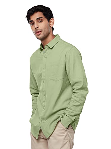 Image of The Souled Store Solids: Pastel Lime Men and Boys Regular fit Solid Full Sleeve Cottonblend Green Color Cotton Linen Shirts (221453 L Green) Shirt For Men Casual Half Sleeves Regular Fit Printed Styli