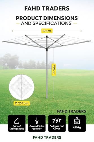 FAHD TRADERS 60M Rotary Washing Line 4 Arm – Heavy Duty Outdoor Clothes Airer Dryer with Ground Spike & Protective Cover – Adjustable Height, Foldable, Rust Resistant, Space Saving Laundry Solution - Image 7
