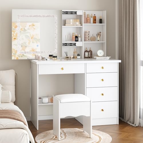 FUNISIR Makeup Vanity Desk with Lights and Sliding Mirror