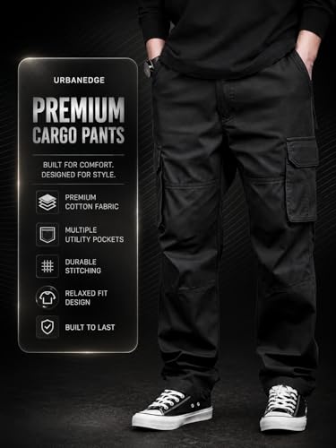 Image of Men's Cotton Cargo Pants for Men | Relaxed Loose Fit Drawstring Waist Cargo Trousers | Multi Pocket Casual Utility Pants for Outdoor, Travel
