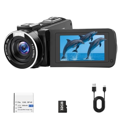 Videokamera 1080P, 48MP Camcorder 18X Digitalzoom Vlogging Camera für YouTube mit LED-Fülllicht, 3' 270° drehbarer Bildschirm Webcam Camcorder mit 32GB Karte & Akku