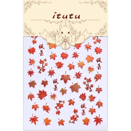 Image of Fall Nail Stickers Maple Leaf Nail Art Stickers Red Glitter Nail Decals 5D Embossed Self Adhesive Autumn Nails Design Charms Supply for Women Girls Thanksgiving Day Manicure DIY Decoration