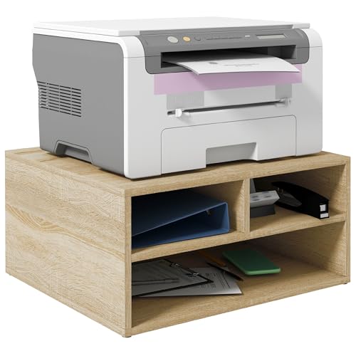HOMCOM Support Imprimante Caisson de Bureau Meuble de Rangement pour Bureau avec 3 Compartiments Organisateur de Bureau 47 x 40 x 22,5 cm, Effet Bois Naturel