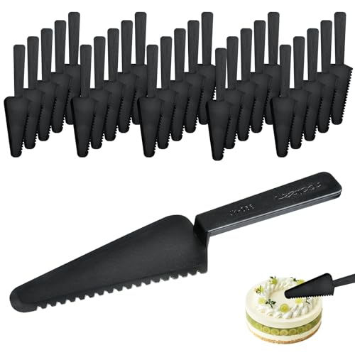 Aemygo 50 pcs Disposable Plastic Cake Cutter Server, Black Plastic Cake Cutting Plastic Pie Spatula, Disposable Serving Utensils for Pizza Pastry Tart Serving Slicer for Kitchen & Wedding