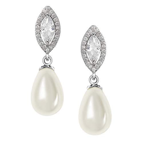 SWEETV Pearl Drop Wedding Earrings for Birdes Bridesmaid, Pear-Shaped Ivory Crystal CZ Bridal Pearl Earrings for Women, Vintage Jewelry