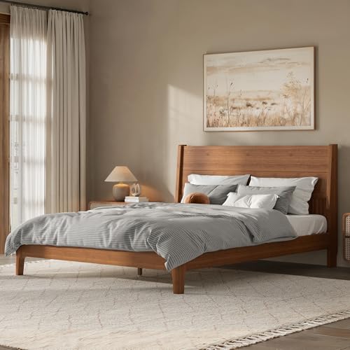 Image of Bellemave Queen Size Bamboo Bed Frame with Headboard,Bamboo Platform Bed Frame Queen Size with Tall Headboard and Wood Slats,Easy Assembly,Warm Brown