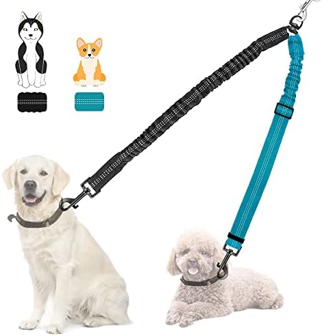 Nasjac Double Dog Lead Splitter, No Tangle 360 Rotation Dog Leash Coupler for Walking 2 Dogs, Adjustable Shock Absorbing Bungee Reflective Dual Lead for Two Pets Dogs Medium Large Training