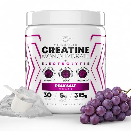 Image of Peak Revival-X Creatine Monohydrate Powder + Electrolyte Hydration Salt Powder, Grape - Gluten-Free, Vegan, Non-GMO Supplement, 5000mg (5g) Per Serving, 30 Servings, 315g Per Container