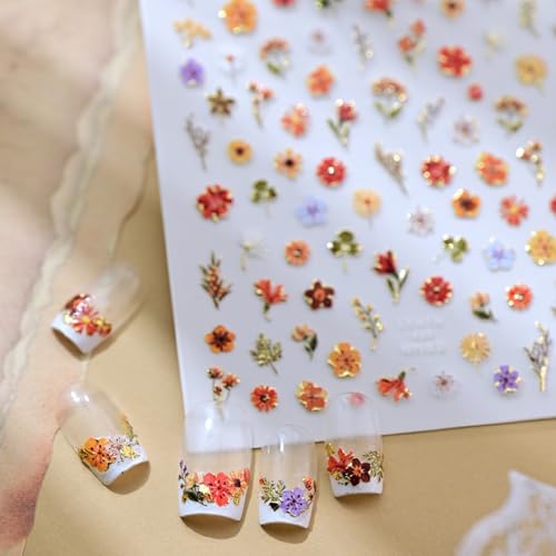 Image of Flower Nail Stickers for Nail Art Floral Leaf Plant Nails Decals with Design 5D Embossed Self Adhesive Nails Charms Supply for Women Manicure DIY Decoration Accessories 1 Sheets