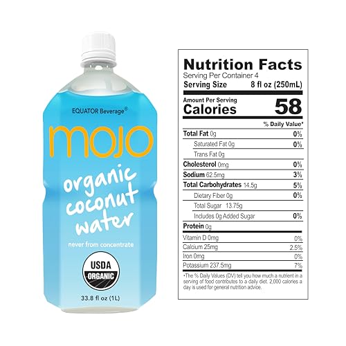 MOJO Organic Coconut Water | Hydration Drink & Sports Drink | Electrolytes Beverage 1043 mg | Vitamin B & C | Hydration Drink for Skin & Body | 33.8 Oz (Pack Of 6)