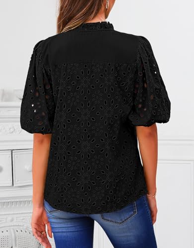 BETTE BOUTIK Women's Long Short Sleeve Tops 2025 Dressy Casual Button Hollow Out Lace Embroidered Blouses Shirts