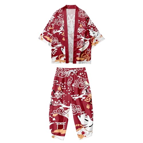 Image of DOSLAVIDA Men's Japanese Kimono Cardigan Suit Chinese Style Printed Jacket Pants Set Open Front Seven Sleeve Top & Shorts