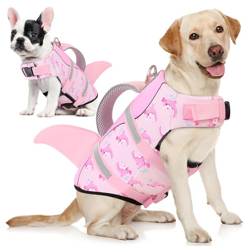 AOFITEE Schwimmweste Hund Groß, Ripstop Große Hundeschwimmweste Hai, Verstellbar & Ripstop Schwimmweste für Hunde mit Rettungsgriff, Rettungsweste Hunde Labrador Hundeweste Schwimmen, Rosa Wal, L