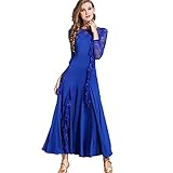 VOGOURFY Vestidos de Baile de salón de Encaje para Mujer, trajes de Baile de vals de Manga Larga, Vestido de práctica Latino de Tango hueco,Sapphire,XXL