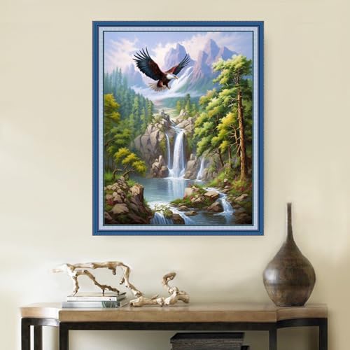 Image of DMCVIVR Stamped Cross Stitch Kits for Beginners Adults Needlepoint Kits for Beginners Embroidery Kits for Adults Crossstitch Kit for Beginners 11CT-Forest Waterfalls 16x20 inch