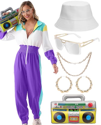 VillbeCoser Women Hoodies Jumpsuit Set, 80s 90s Neon Costume Tracksuit