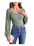 GORGLITTER Women's Floral Sheer Sweetheart Neck Ruched T Shirts Ribbed Long Sleeve Slim Fit Tops Green Medium