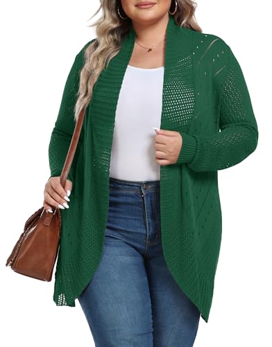 TIANZHU Plus Size Lightweight Long Crochet Cardigan for Women Open Front Knit Cardigan Sweaters Casual Loose Coat