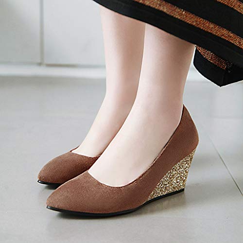 MIOKE Women's Pointed Toe Wedge High Heel Pumps Suede Sequins Slip On Comfort Chunky Dress Wedding Shoes3