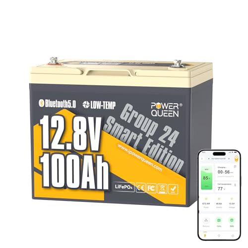Power Queen Bluetooth 12V 100Ah LiFePO4 Battery, Group 24 Deep Cycle Lithium Battery Max. Output Power 1280W, 100A BMS with Low-Temp Cut-off Protection for RV, Trolling Motors, Solar System