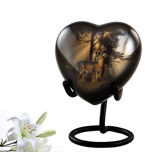 Image of Gone Hunting Deer Heart Keepsake Urn with Sunrays - Majestic Buck Sharing Urn - Handcrafted Mini Memorial Cremation Urn for Human Ashes with Display Stand & Velvet Box (Heart Keepsake)