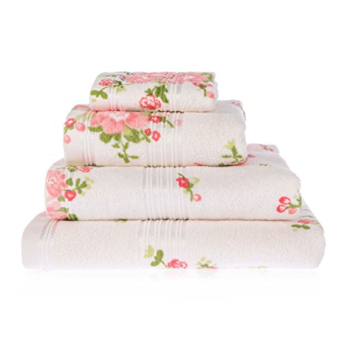 Homescapes 100% Baumwolle Frottee Handtuch Creme mit Vintage Blumen Print und gestickter Bordüre – Ansicht 2