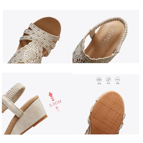 Wedge Sandals Women, Women's Boho Elastic Ankle Strap Rhinestone T-Bar Open Toe Beach Wedge Sandals, Summer Non-slip Breathable Platform Shoes, for Outdoor, Daily, Work, Leisure, Walk2