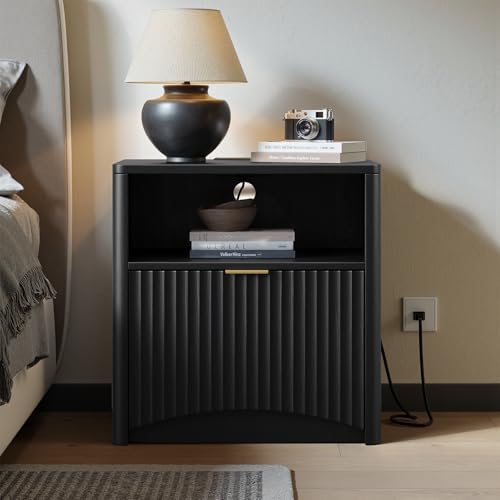 Image of Evermagin Fluted Nightstand with Charging Station, Black Bedside Table with Drawer and Storage, Wood End Table Mid Century Modern, Large Night Stand for Bedroom