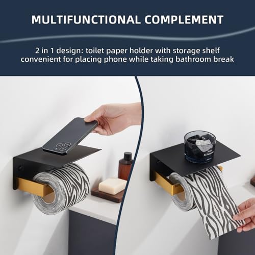 Image of Angle Simple Toilet Paper Holder with Shelf, Black and Gold