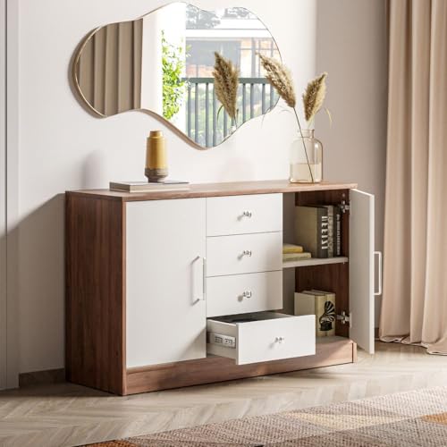 Image of Wakefit Engineered Wood Sideboard | 1 Year Warranty | Storage Cabinet for Home Kitchen Living Room | 2 Closed Compartments & 4 Drawers | Uruk - Columbia Walnut and Frosty White