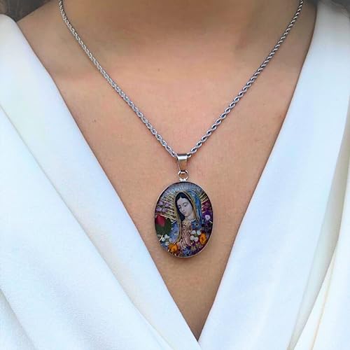 Virgin Mary necklace on model