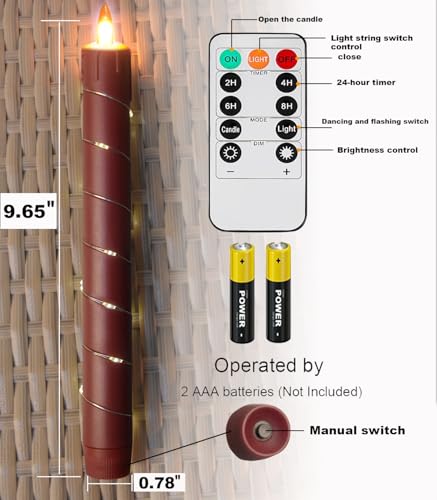 Image of Danip Christmas red flameless Candle with String Light Window Candles with Remote Timer Battery Operated Taper Candle LED Pillar Candles Set of 6