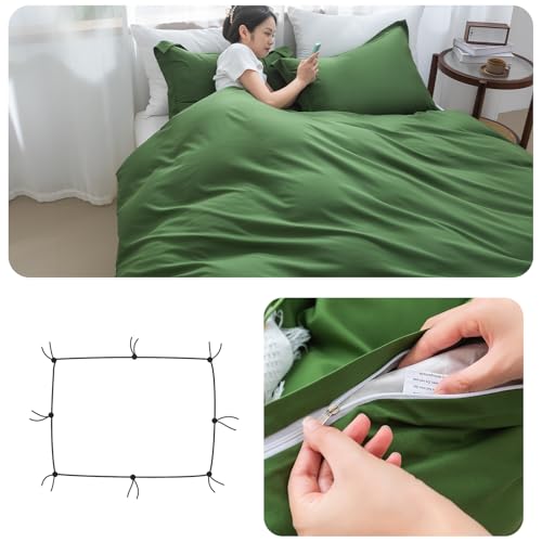 Image of SheRest Olive Green Duvet Cover - Soft Brushed Microfiber, 3 Pieces, 1 Duvet Cover 90x90 Inches with Zipper Closure 8 Ties & 2 Pillow Shams, Breathable Bedding Set for All Season, Queen (No Comforter)