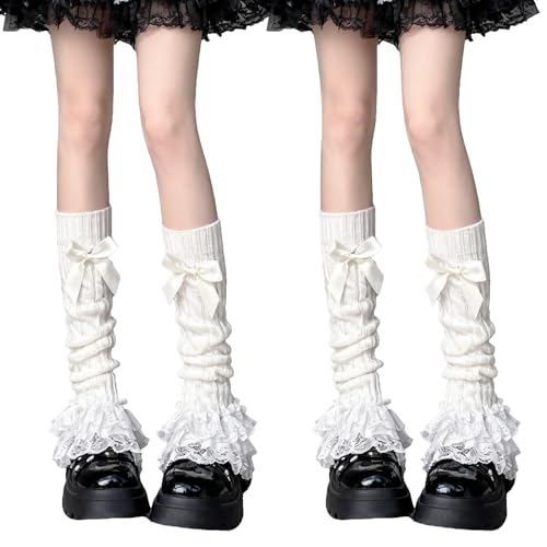 ALONK 2 Stück Leg Warmers Y2K Kniehohe Beinwärmer mit Schleife & Spitzenrand Damen Langer Stulpen für Lolita Kostüm Party Y2K-Fashion & Alltag Weiß