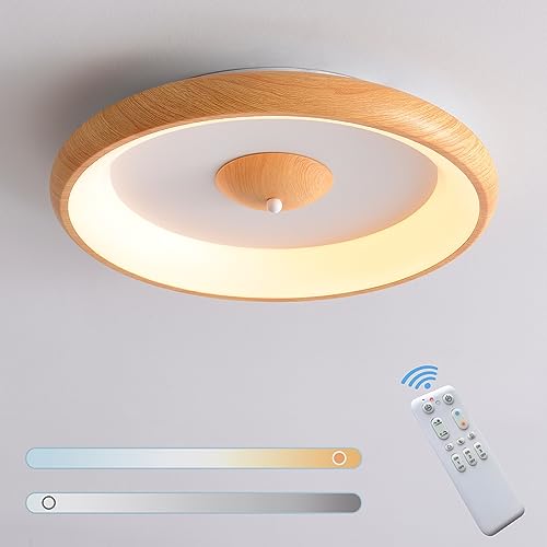 SEATAIN LED Deckenleuchte Holz dimmbar mit Fernbedienung, schön rund Deckenlampe 30W 40cm 3000lm 3000K-6000K, für Wohnzimmerlampe Schlafzimmerlampe, mit Memory-Funktion, 3W Nachtlicht