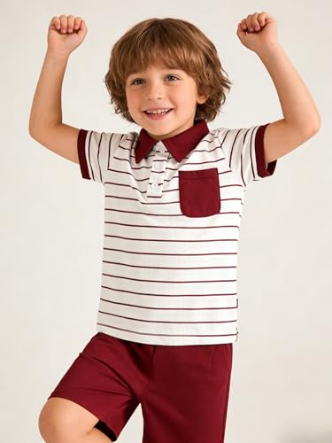 Image of Toddler Kid Boy Clothes Textured Striped Polo Collar Top Summer Shorts 2PC Summer Outfit Set
