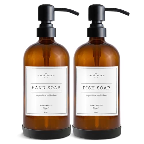 Vine Creations Dispensador de jabón de Vidrio ámbar, Paquete de 2, Botellas Gruesas de 16 onzas, Bomba de Acero Inoxidable, Tarro Vintage Moderno de Granja, Accesorios de baño y Cocina, con Etiquetas Vine Creations Dispensador de jabón de Vidrio ámbar, Paquete de 2, Botellas Gruesas de 16 onzas, Bomba de Acero Inoxidable, Tarro Vintage Moderno de Granja, Accesorios de baño y Cocina, con Etiquetas