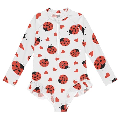 Girls One Piece Swimsuits Long Sleeve Swimsuit Zipper Bathing Suits Red Ladybugs Love