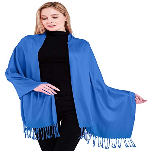 CJ Apparel Blue Solid Color Tassels Design Nepalese Shawl Seconds Scarf Wrap Stole Throw Head Wrap Pashmina Hand Made in Nepal New