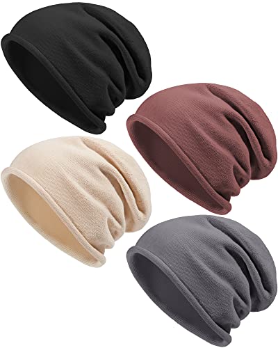 4 Pieces Winter Cashmere Slouchy Knit Beanie Hats For Women Warm Wool Knitted Skull Beanies Cap Beige Beanie For Ladies, Black Gray Beige And Brown Assorted Color #TOP8