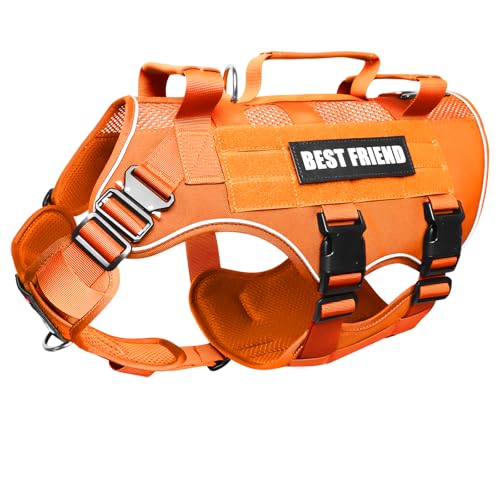 MOOGROU No Pull Tactical Dog Harness for Large Dogs with Metal Buckles Breathable Air Mesh Service Dog Vest Military Molle Harness with 3 Durable Handles for Training Hiking Hunting Working Orange L
