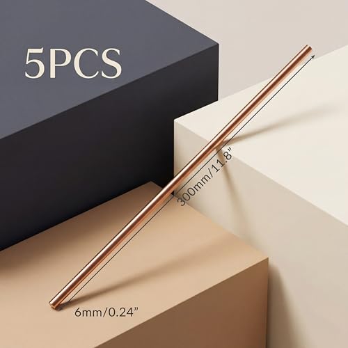 Image of Therwen 5 Pcs Pure Copper Round Rod 11.8 Inch Length Bare Metal Solid Copper Rod Lathe Bar Stock for Crafts (0.24 Inch / 6 mm in Diameter)