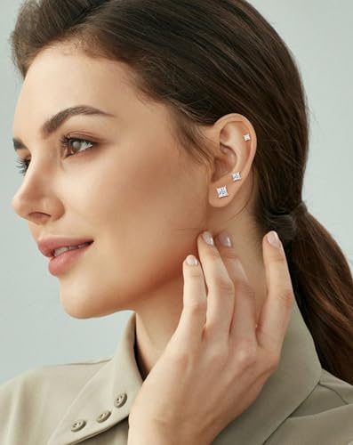 14K White Gold Square Transparent Cubic Zirconia Stud Earrings 3-Piece Set | Hypoallergenic Earring Posts3