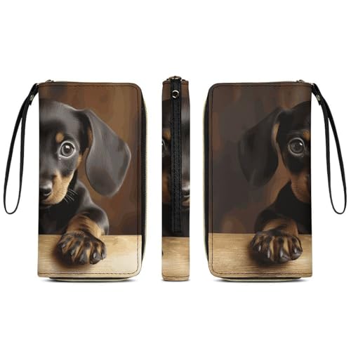 Dog Dachshund Leather Wallet Smooth Zip Around Clutch Wristlet Travel Long Soft Purse for Women3