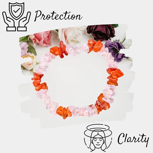 Image of Certified Rose Quartz - Carnelian Bracelet for Women Men with Healing Crystal and Reiki Stone - Beautiful Gemstone Beaded Bracelet for Balance, Harmony & Positive Energy (Chips Stone Beads)